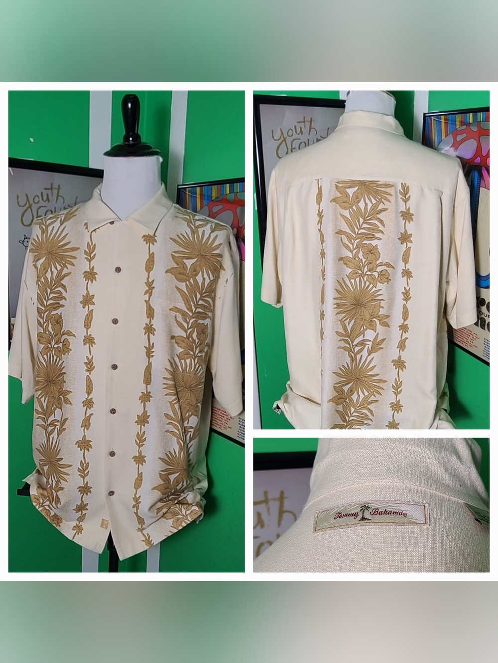 Tommy Bahama 100% Silk Camp Shirt Mens Large Cream Beige Hawaiian Panel Aloha